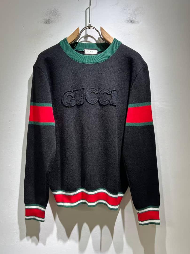 Gucci-Inspired Black Knit Sweater with Green & Red Web Stripes
