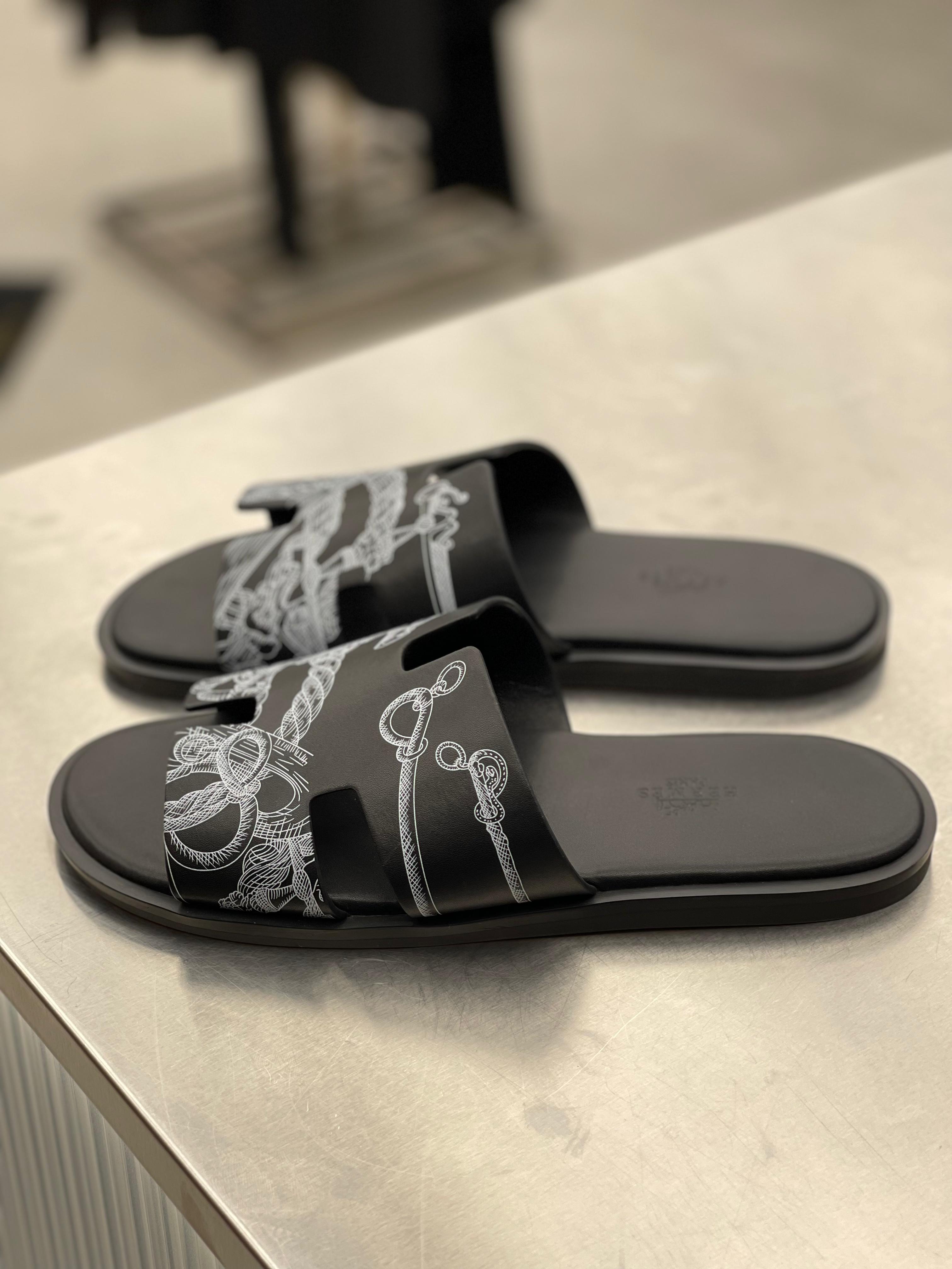 Hermes - Oran Sandal Black Calfskin with Nautical Rope & Hardware Print