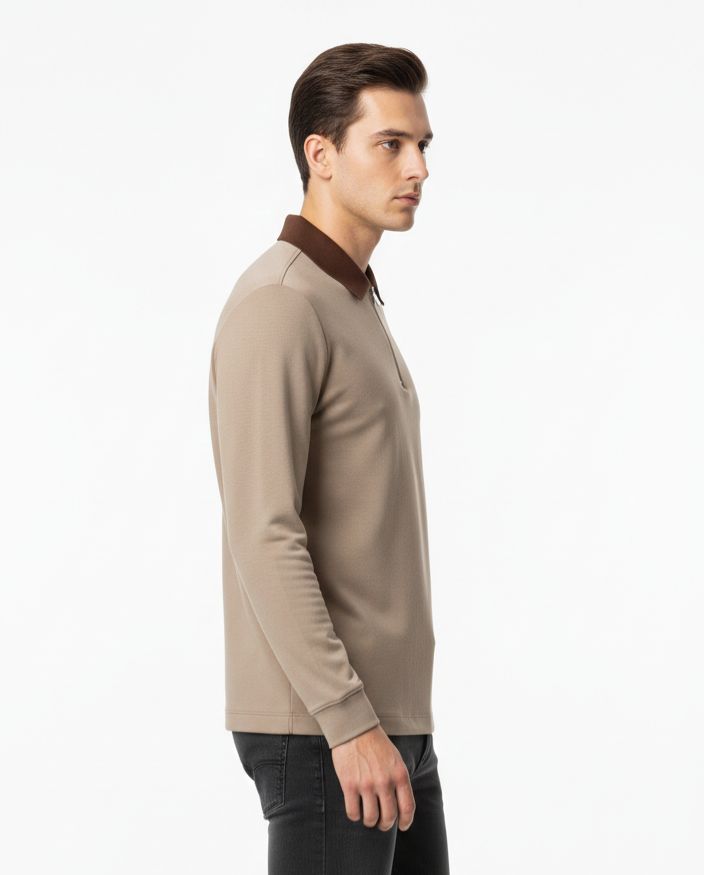 Kiton - Men's Taupe Contrast Collar Quarter-Zip Polo Shirt