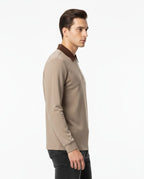 Kiton - Men's Taupe Contrast Collar Quarter-Zip Polo Shirt