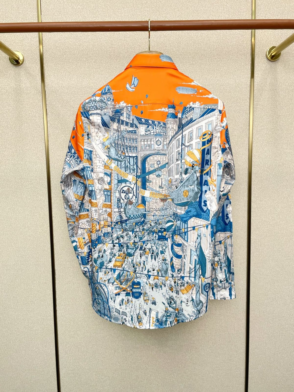 Hermès - Men's Architectural City Print Long-Sleeve Shirt - Orange & Blue