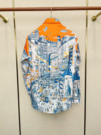 Hermès - Men's Architectural City Print Long-Sleeve Shirt - Orange & Blue