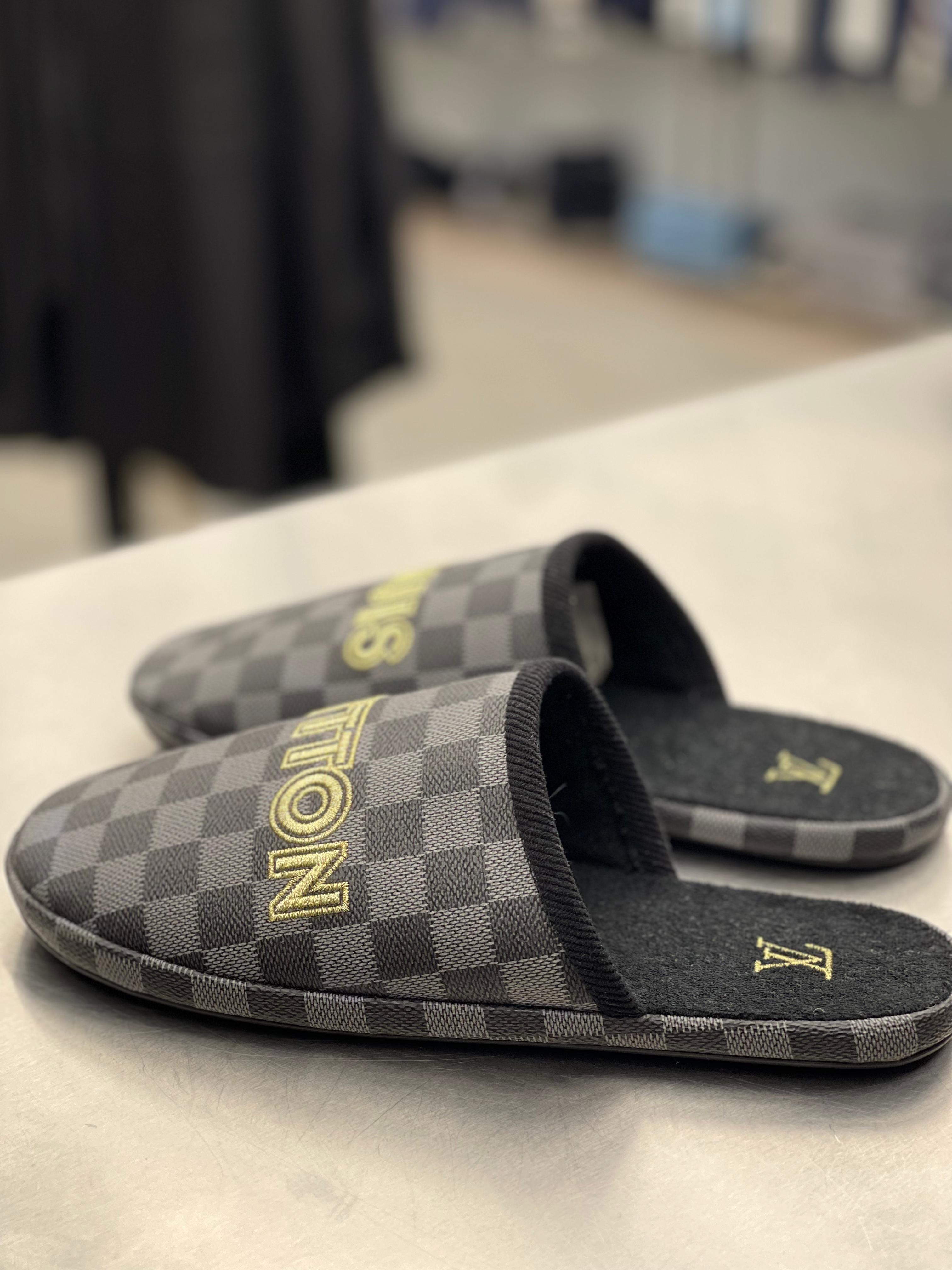Louis Vuitton - Damier Graphite Gold Embroidered Slippers / Mules