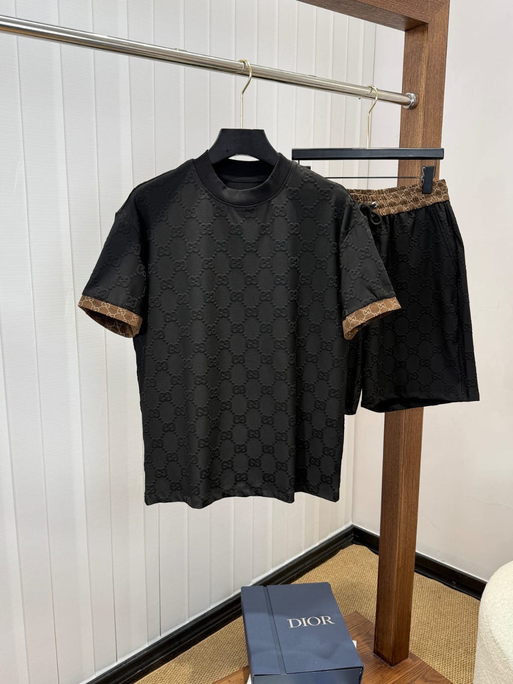 Men's Luxury Monogram Jacquard T-Shirt & Shorts Matching Set – Black