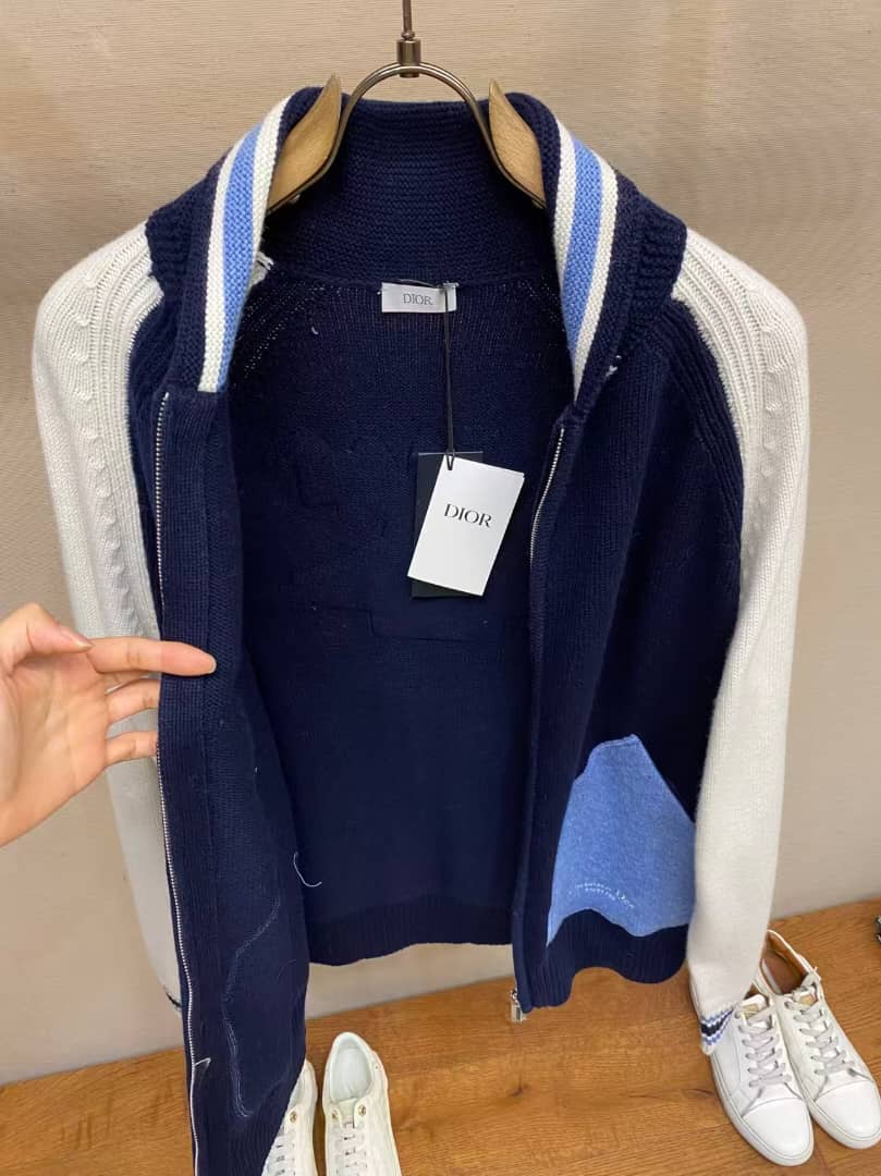 Christian Dior - Navy & White Contrast-Sleeve Knitted Zip Hoodie