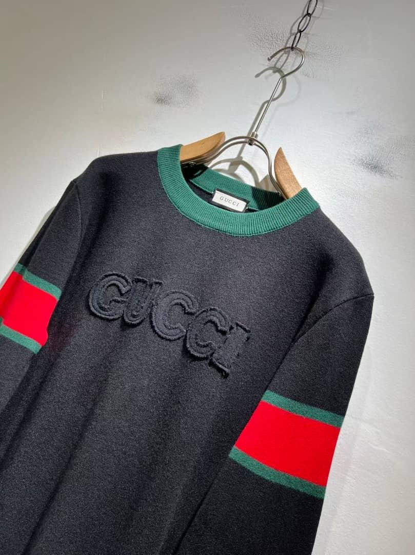Gucci-Inspired Black Knit Sweater with Green & Red Web Stripes