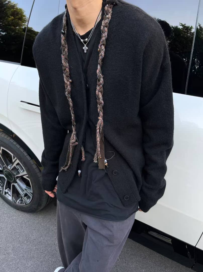 Ader Error Black V-Neck Cardigan with Unique Braided Accent