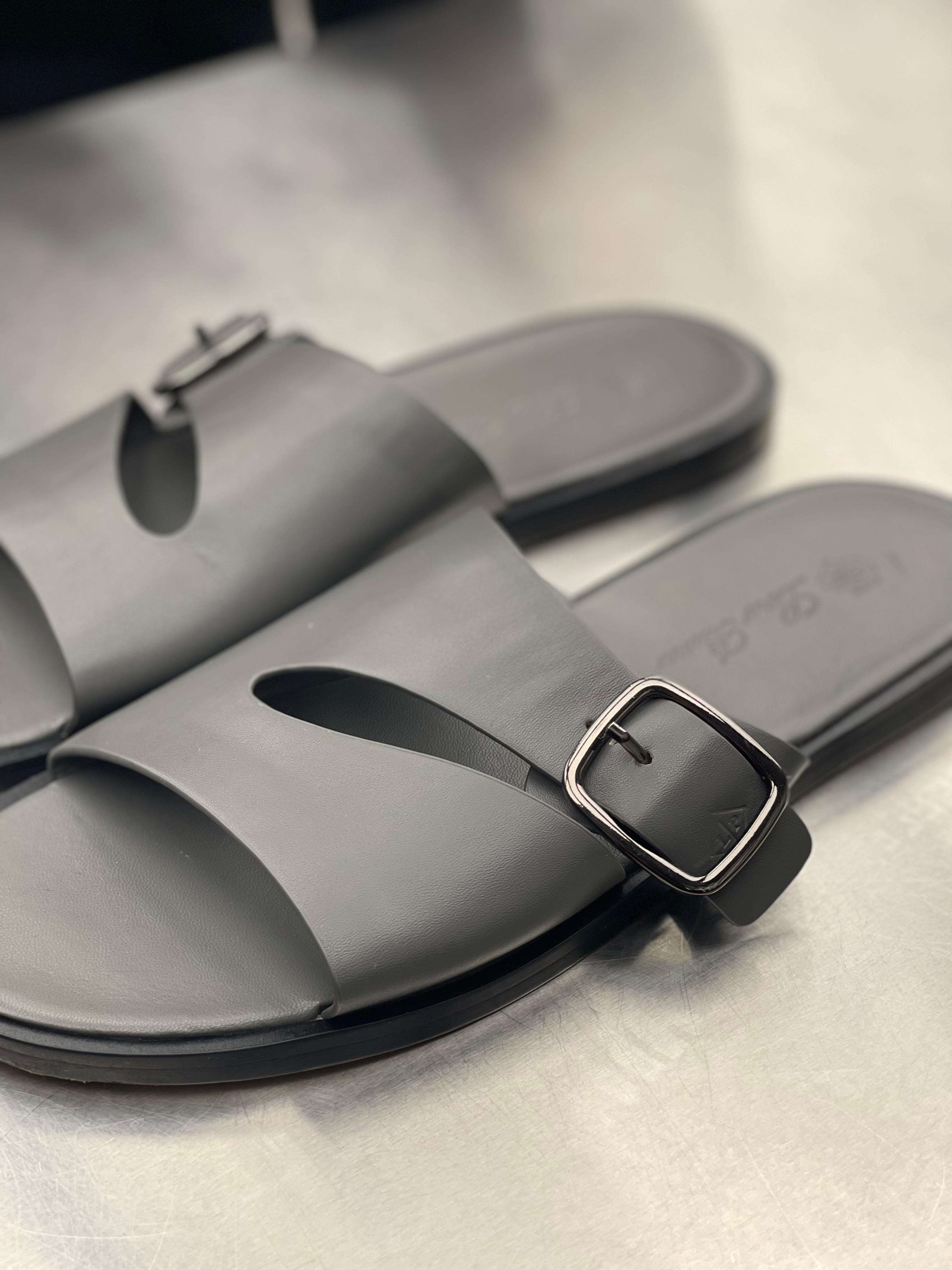 Loro Piana - Dark Grey Leather Buckle Slide Sandals