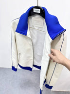 Prada - Men's White Nappa Leather Blouson Jacket with Contrast Blue Ribbed Trim