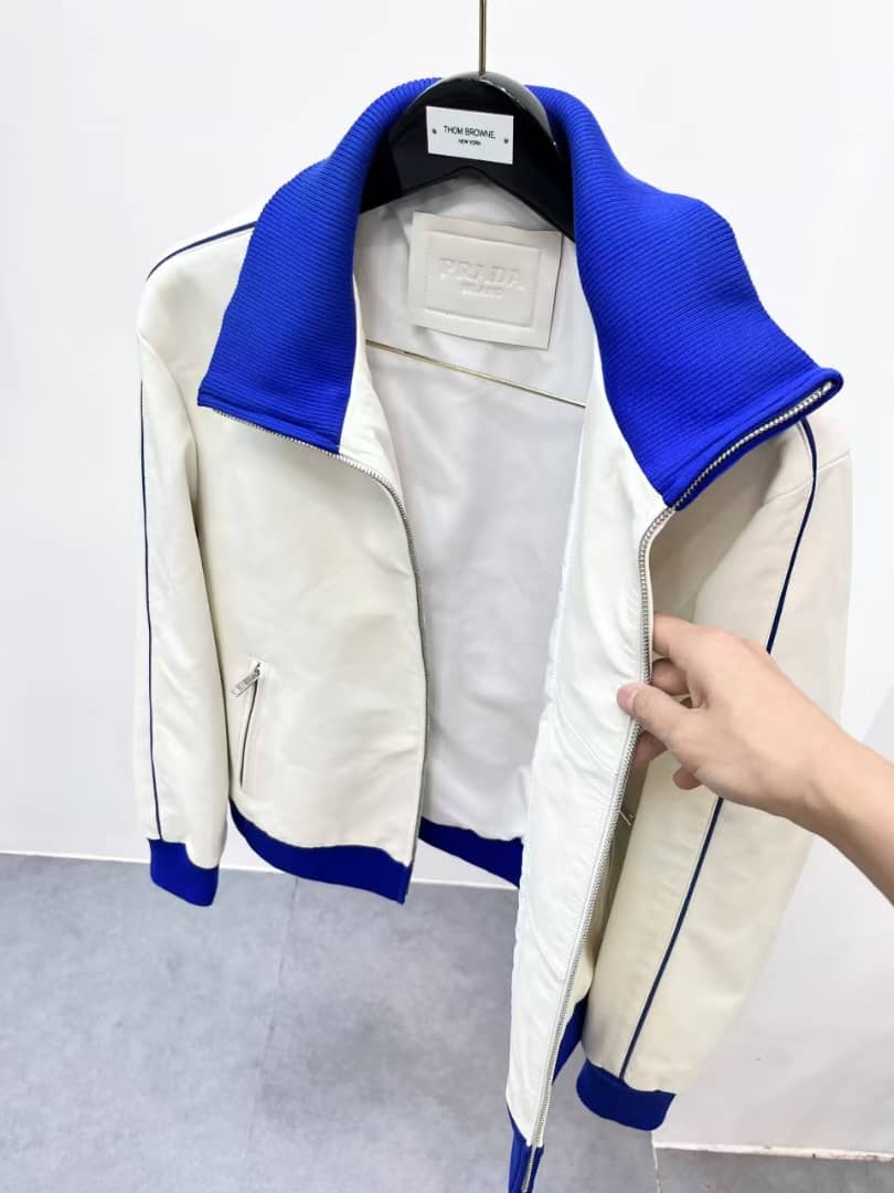 Prada - Men's White Nappa Leather Blouson Jacket with Contrast Blue Ribbed Trim