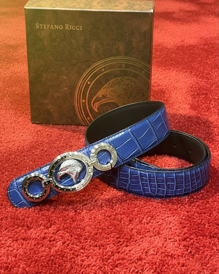 Stefano Ricci - Royal Blue Crocodile Belt with Silver Eagle Head Buckle