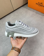 Hermès - Grey Leather Sneaker with Woven Detail and H Sole