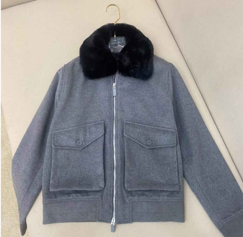 Dior - Grey Wool Bomber Jacket with Black Fur Collar