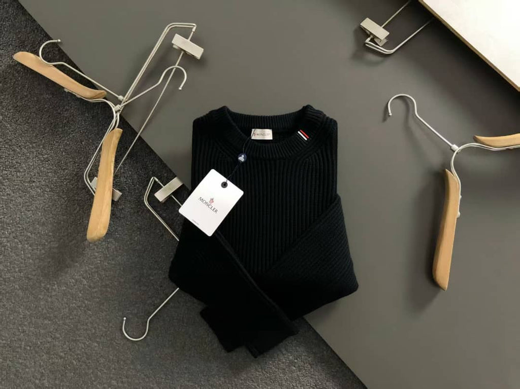 Moncler Men's Black Ribbed Knit Wool Crewneck Sweater