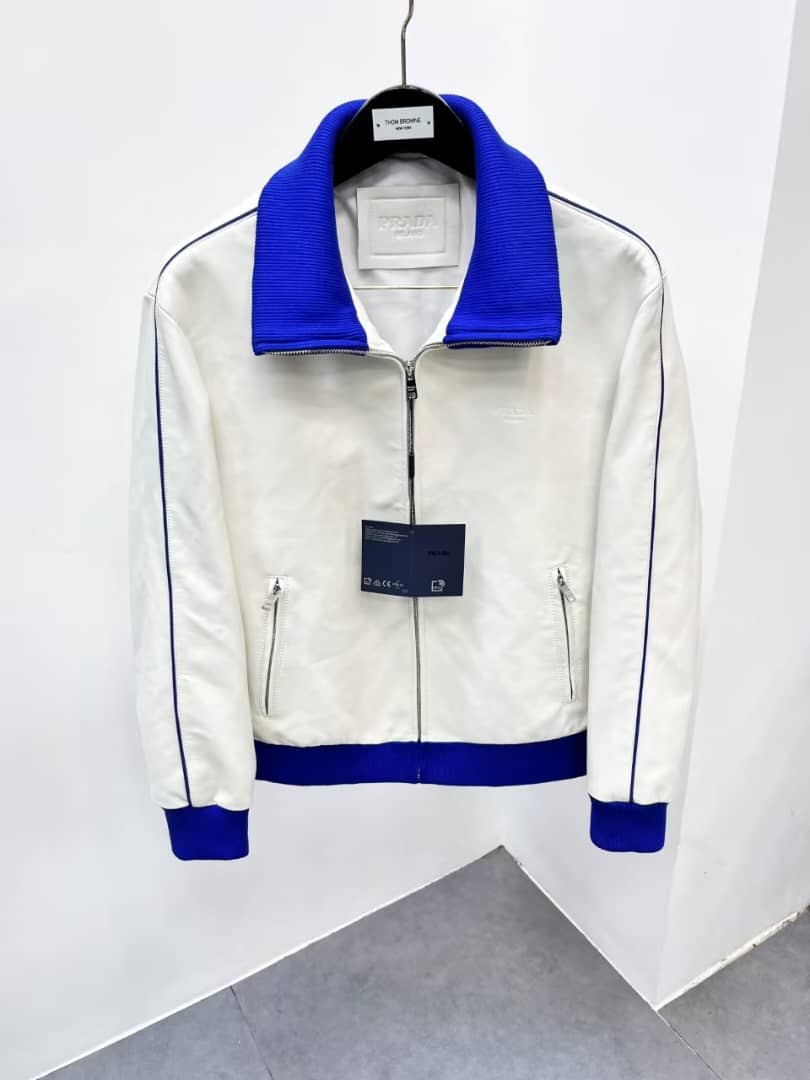 Prada - Men's White Nappa Leather Blouson Jacket with Contrast Blue Ribbed Trim