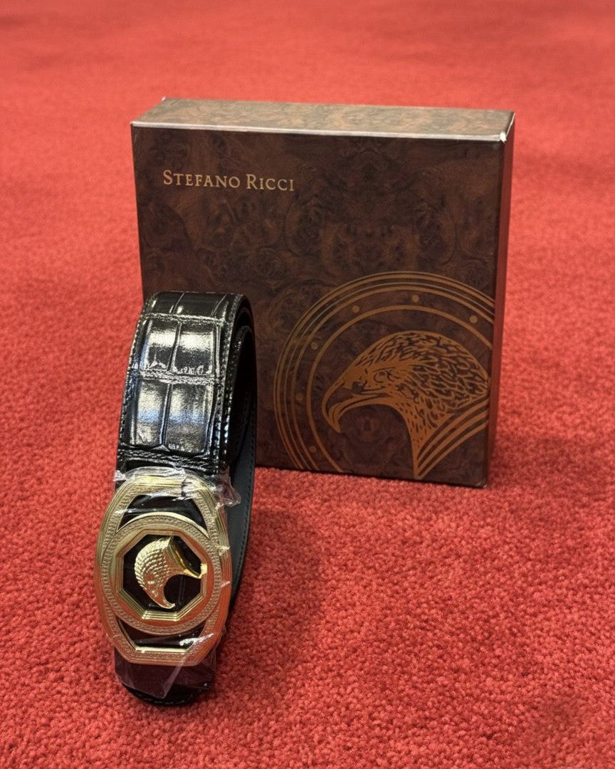 Stefano Ricci - Black Crocodile Leather Belt with Gold Eagle Buckle