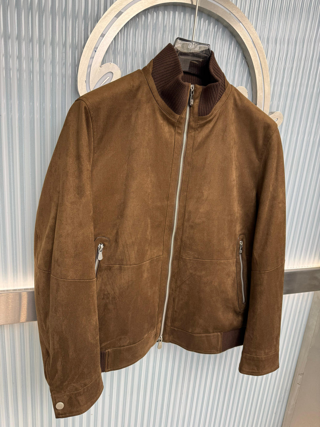 Brunello Cucinelli Suede & Knit Trim Bomber Jacket - Tobacco Brown