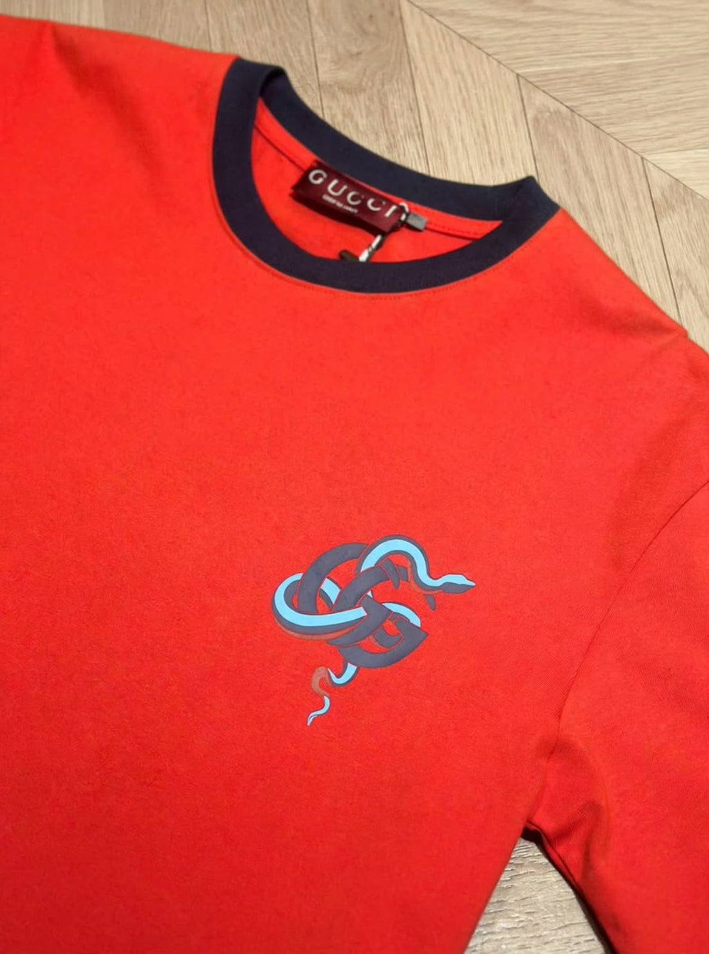 Men's Red Graphic Logo T-Shirt with Contrast Navy Collar