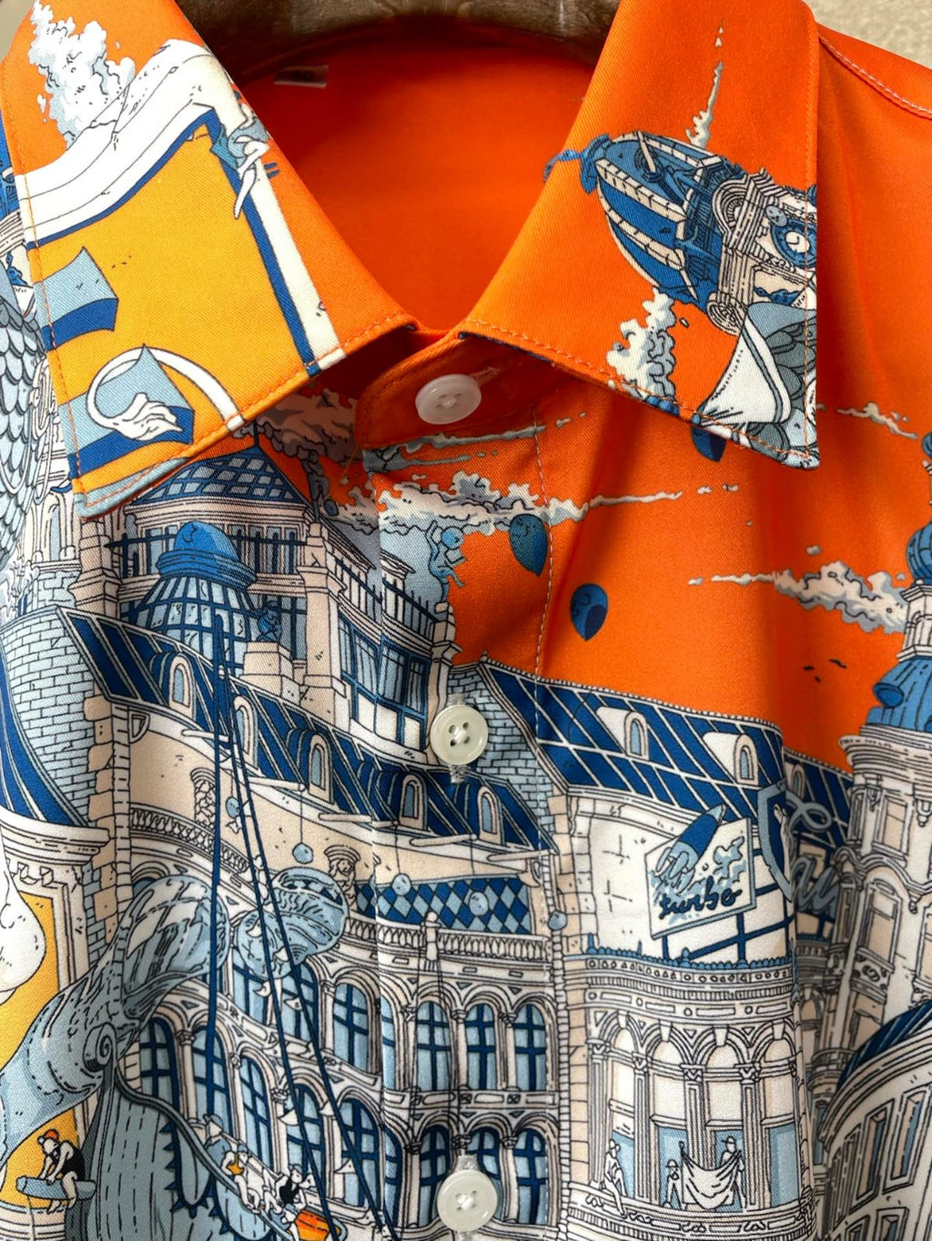 Hermès - Men's Architectural City Print Long-Sleeve Shirt - Orange & Blue