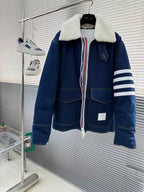 Thom Browne Indigo Denim Jacket with Shearling Collar