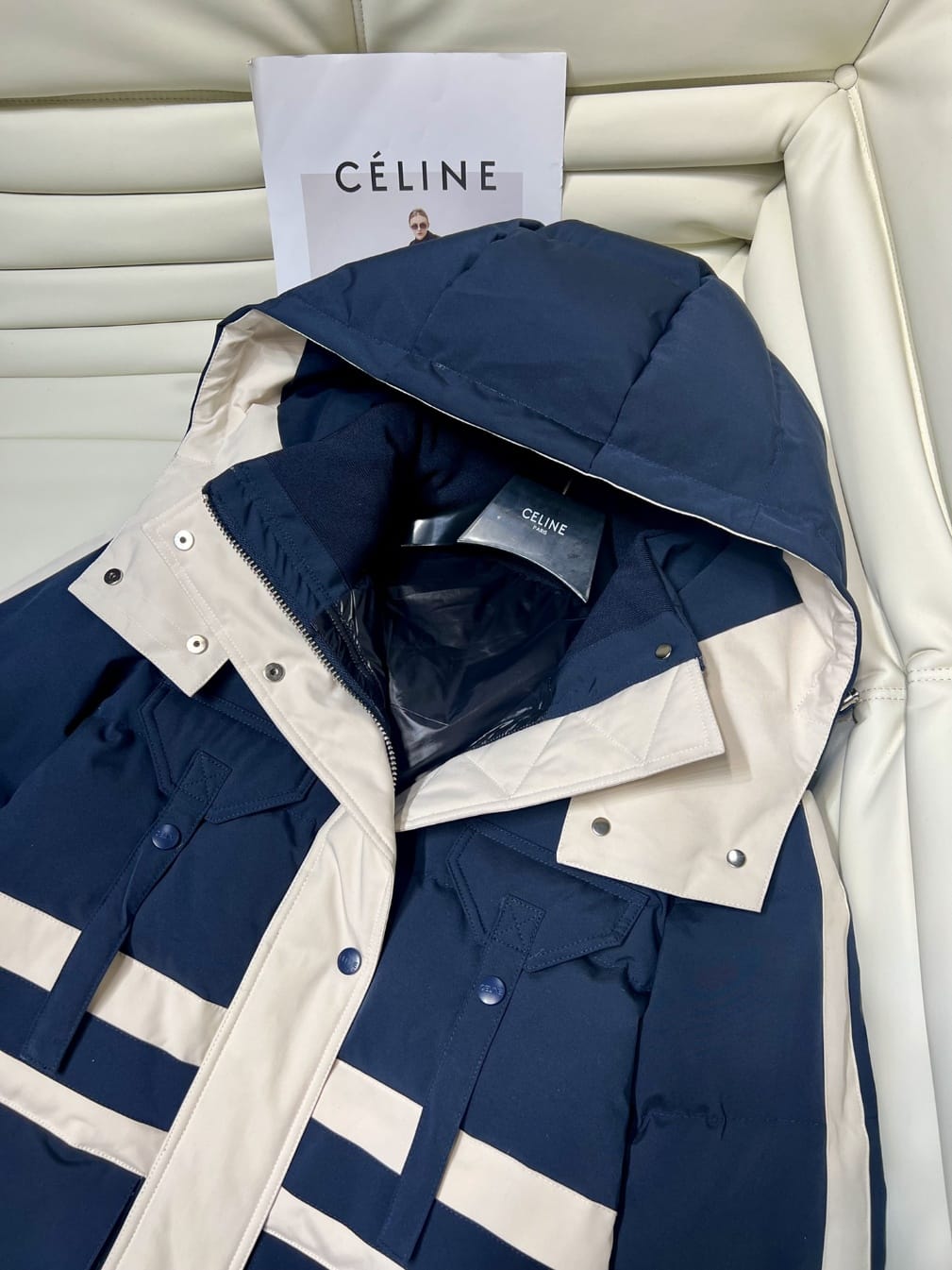 Celine - Navy n Cream Hooded Puffer Jacket