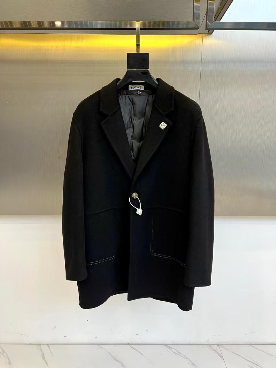 LOEWE - Men's Black Wool Blend Workwear Jacket with Anagram Brooch