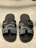 Hermes - Oran Sandal Black Calfskin with Nautical Rope & Hardware Print