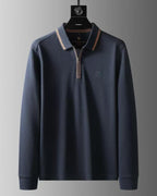 Zegna - Navy Long-Sleeve Zip Polo Sweater with Tipped Collar