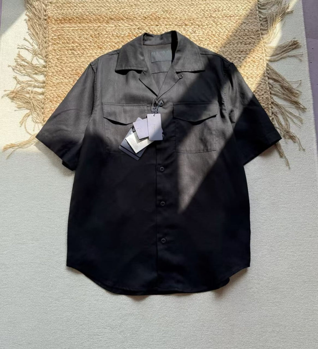 Prada Men’s Luxury 2-Piece Resort Set – Short-Sleeve Bowling Shirt & Tailored Bermuda Shorts (Black)