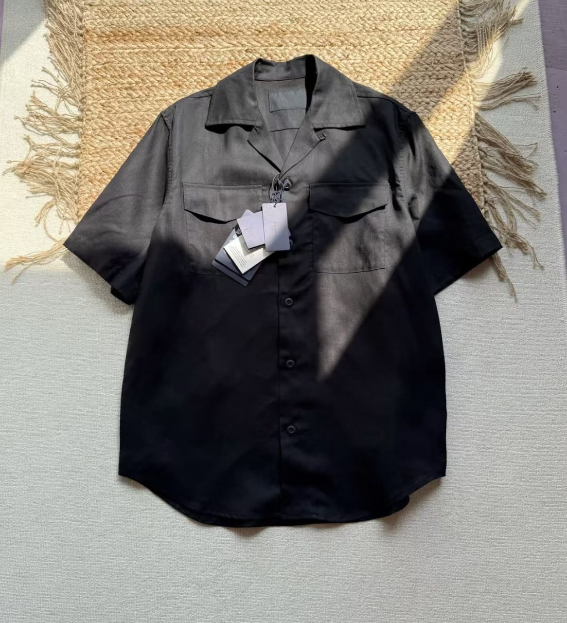 Prada Men’s Luxury 2-Piece Resort Set – Short-Sleeve Bowling Shirt & Tailored Bermuda Shorts (Black)