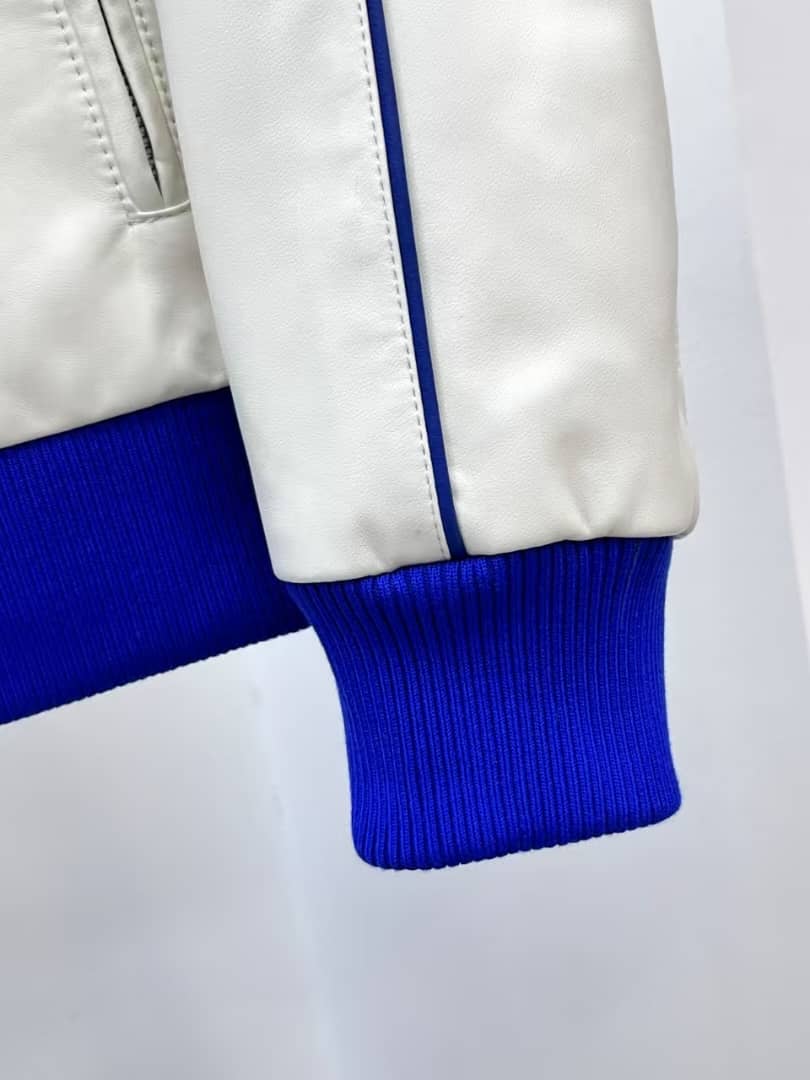 Prada - Men's White Nappa Leather Blouson Jacket with Contrast Blue Ribbed Trim