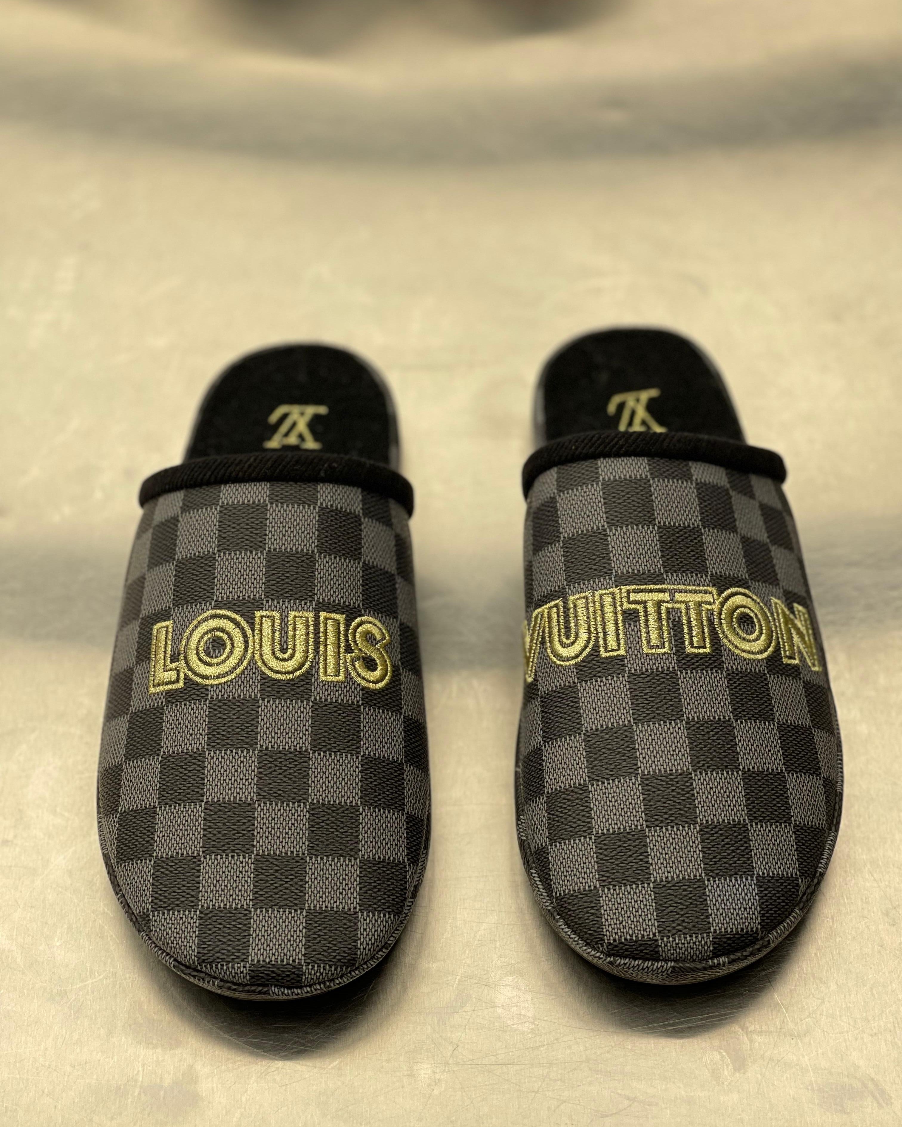 Louis Vuitton - Damier Graphite Gold Embroidered Slippers / Mules