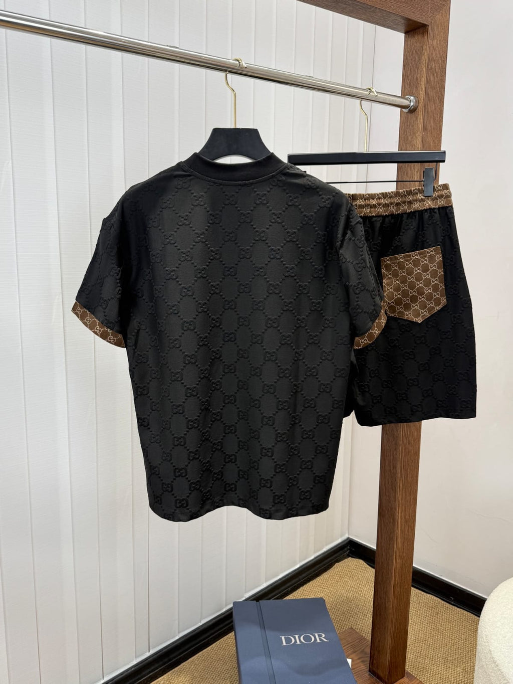 Men's Luxury Monogram Jacquard T-Shirt & Shorts Matching Set – Black