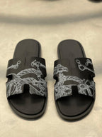 Hermes - Oran Sandal Black Calfskin with Nautical Rope & Hardware Print