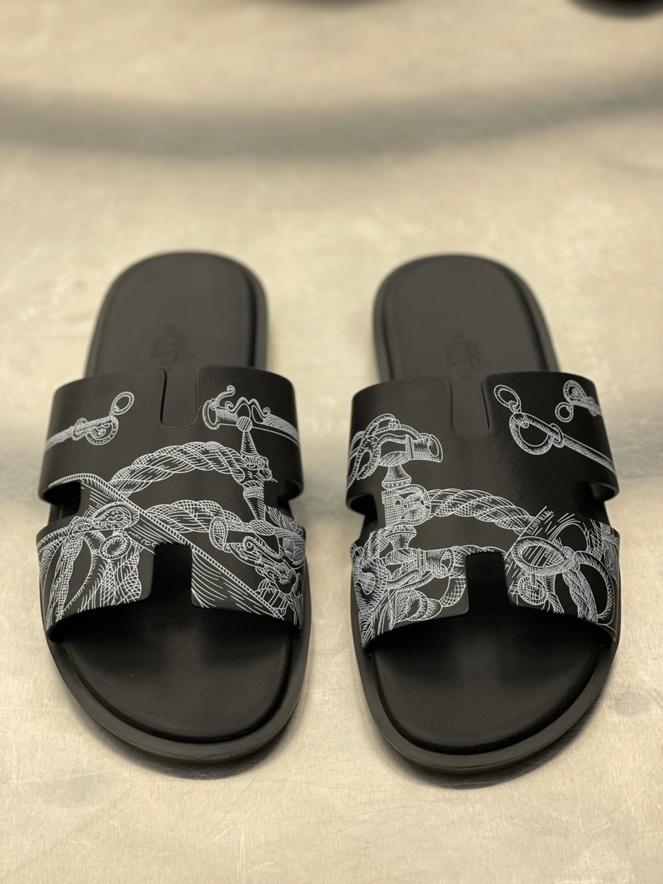 Hermes - Oran Sandal Black Calfskin with Nautical Rope & Hardware Print