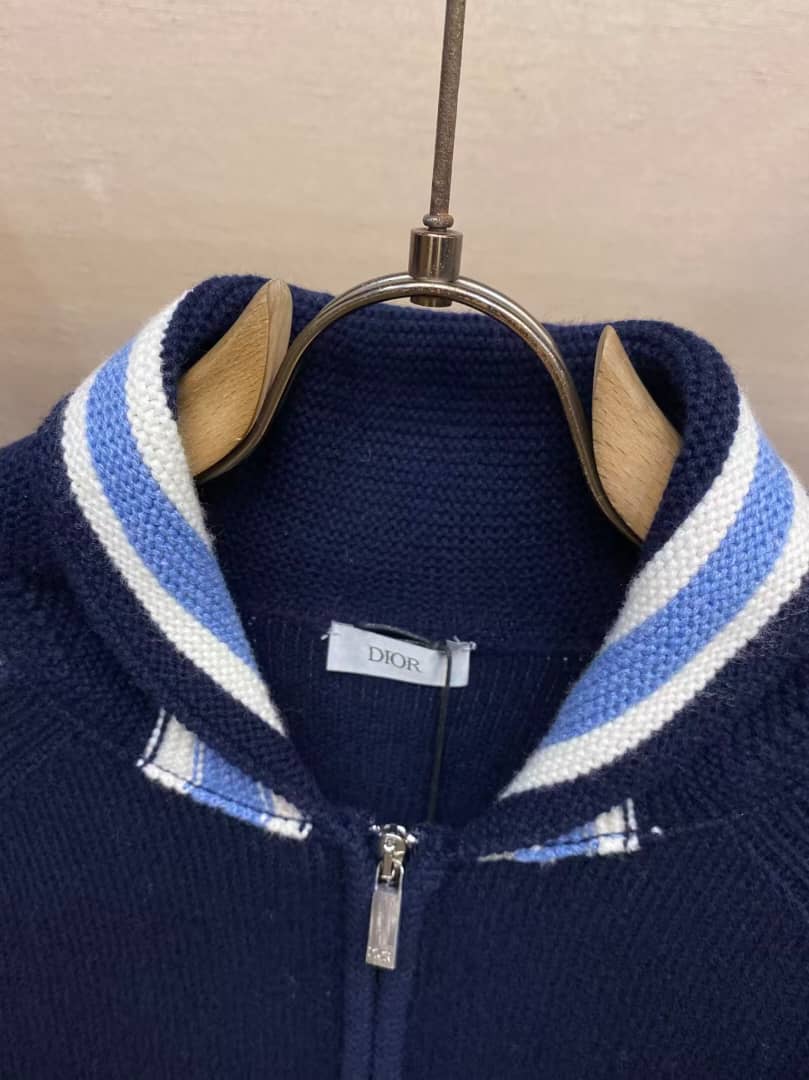 Christian Dior - Navy & White Contrast-Sleeve Knitted Zip Hoodie